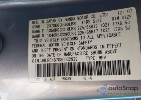 2008 Honda Cr-V Ex-L z USA, uszkodzony, nr VIN JHLRE48708C032929